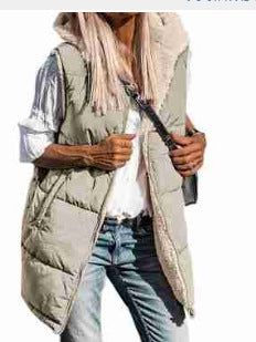 European And American Solid Color Hooded Cotton Jacket Vest Double-sided Wear Slim Elegant Cardigan Coat