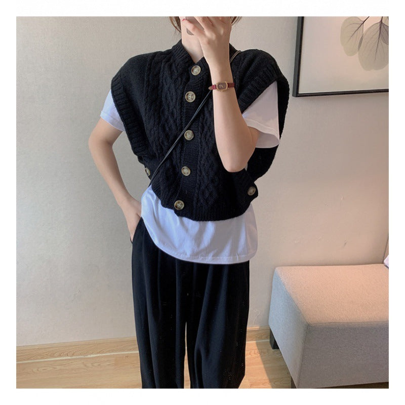 Solid Color Round Neck Commuter Outer Wear Button Thick Needle Smooth Sleeveless Soft Glutinous Knitted Vest