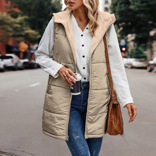 European And American Solid Color Hooded Cotton Jacket Vest Double-sided Wear Slim Elegant Cardigan Coat