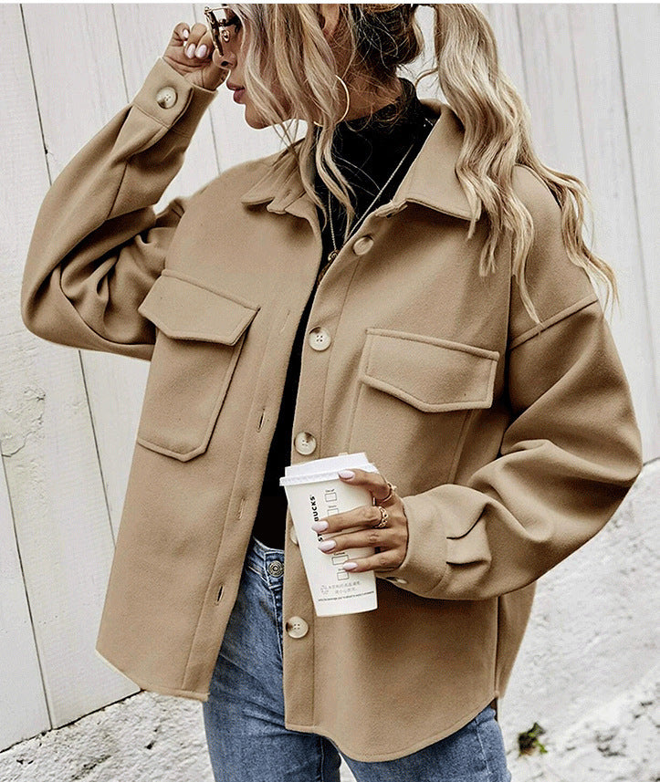 Winter Coat Women Lapel Single-breasted Thickened Solid Color Jacket Woolen Loose Short Coat For Women Fashion Outwear Clothing