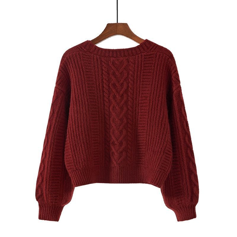 Fashionable Sweater Women's Vintage Top Loose Outer Wear V-neck