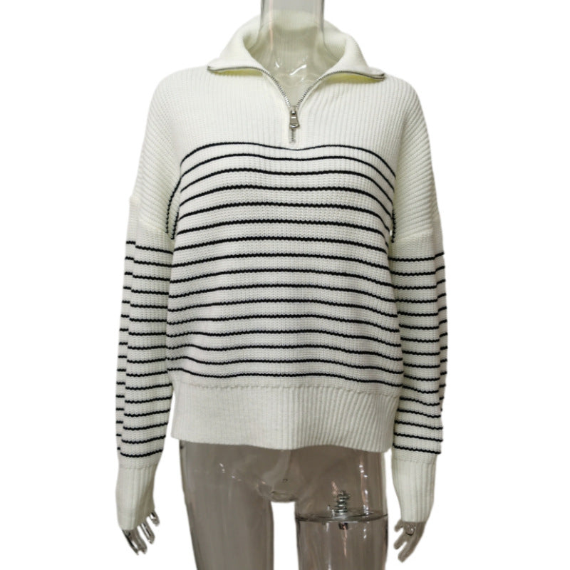 Women's Fashion Striped Lapel Half-open Zipper Knitted Sweater