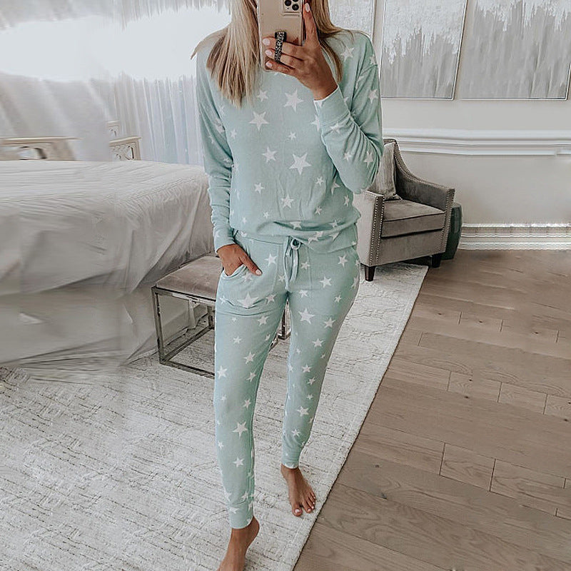 Five-pointed star print long-sleeved casual home service suit