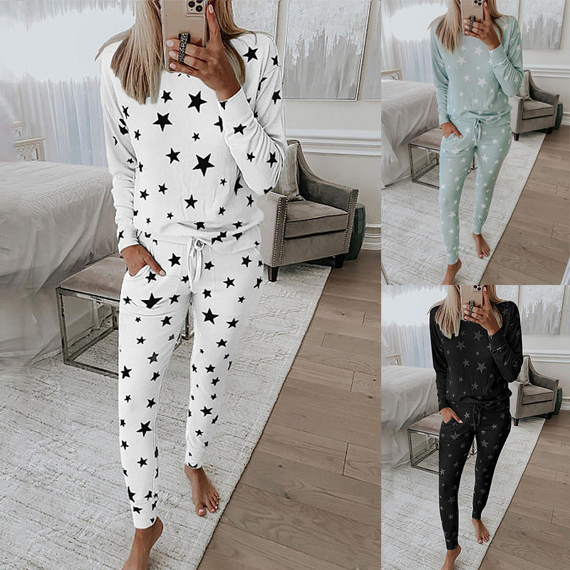 Five-pointed star print long-sleeved casual home service suit