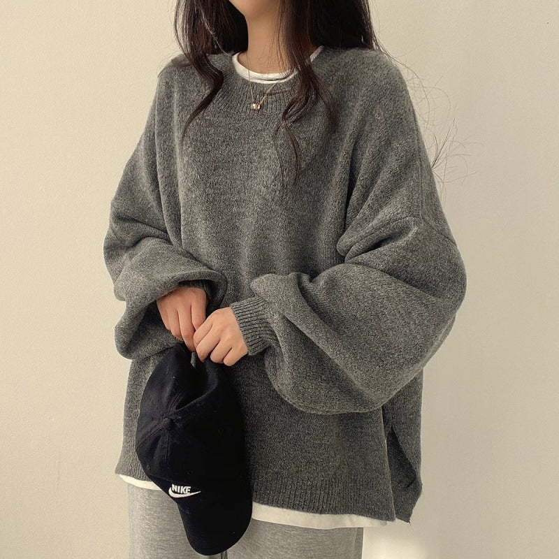 Temperament Crew Neck Pullover Lantern Sleeve Loose Sweater For Women