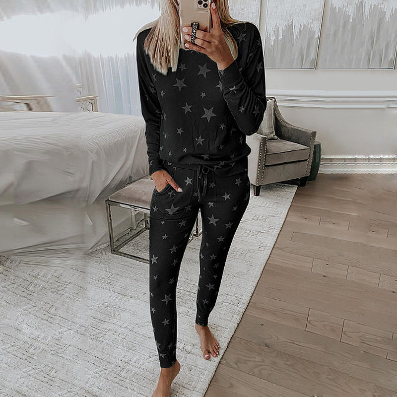 Five-pointed star print long-sleeved casual home service suit