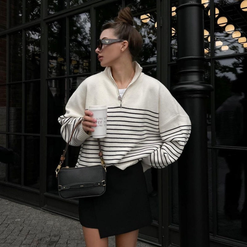 Women's Fashion Striped Lapel Half-open Zipper Knitted Sweater